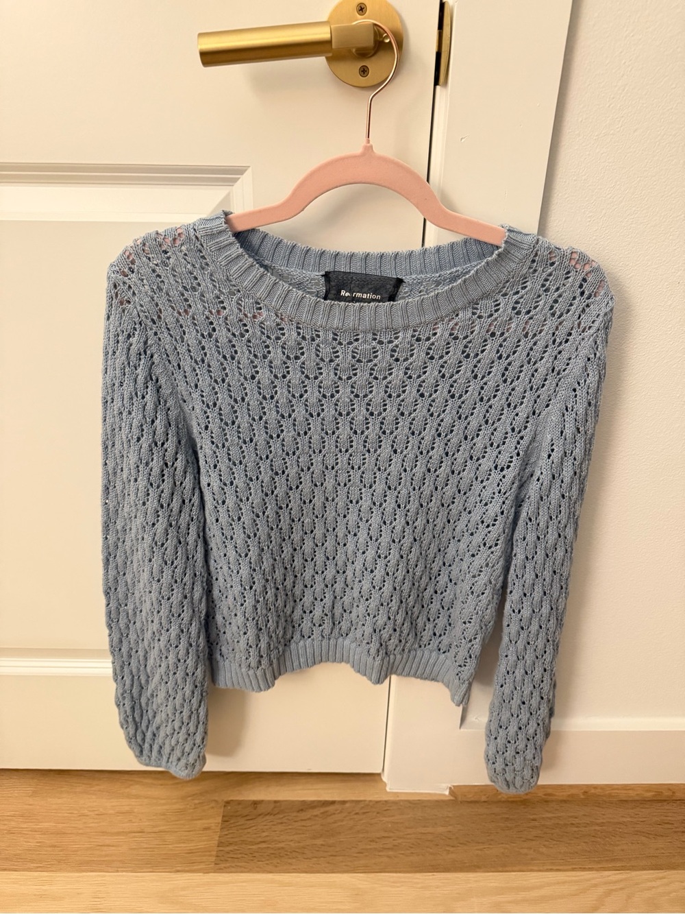 Reformation Light Blue Open-Knit Crewneck Sweater